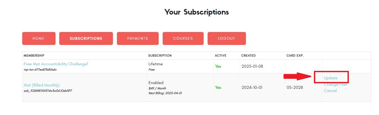 update credit card online pilates classes