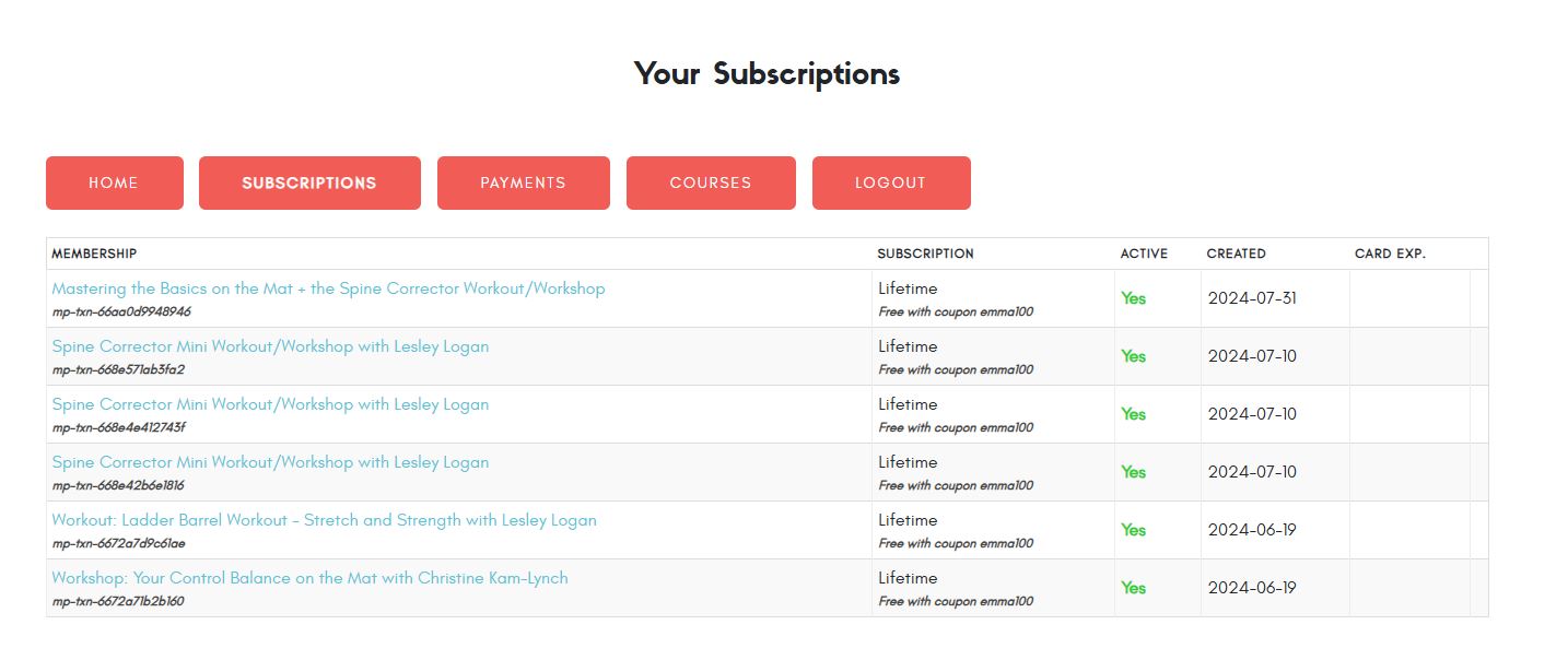 previous purchases and subscriptions online pilates classes